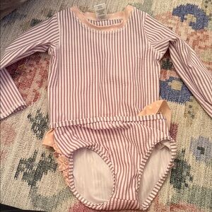 Ruffle butts Girls Two-Piece Pink Stripe Rashguard Swimsuit Set 2t